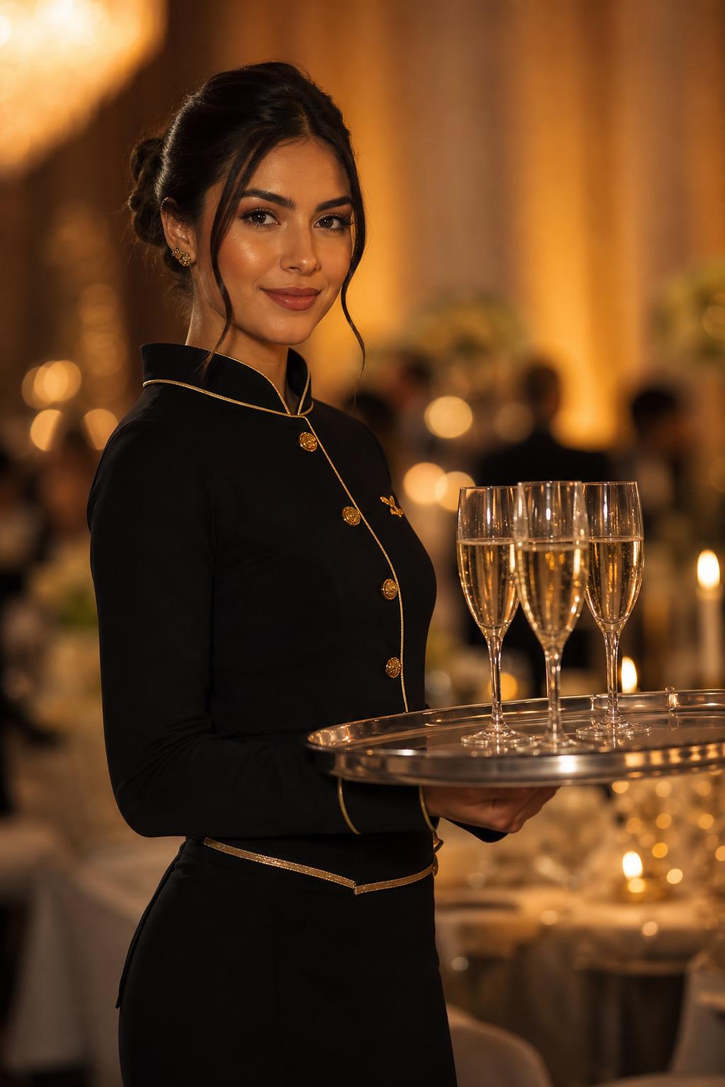 Garçonete elegante no Spasso Dourado